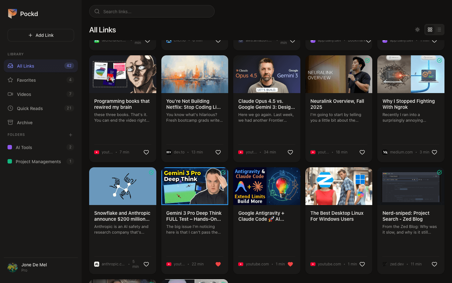 Pockd dashboard showing saved articles