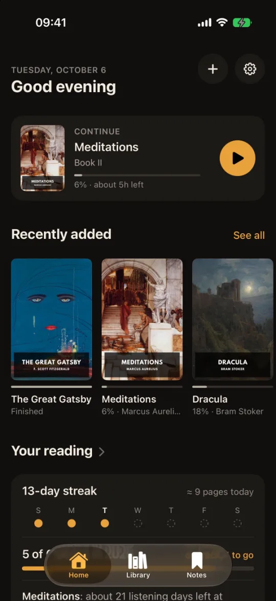 Home: continue listening, and the books added recently