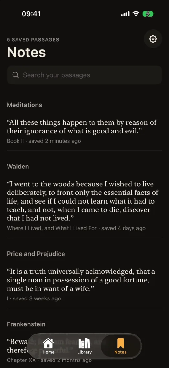 Notes: passages saved while listening, grouped by book