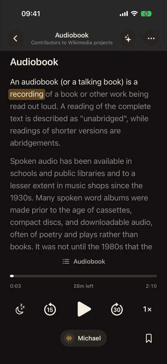 A saved web article, Wikipedia's Audiobook page, being read aloud with the spoken word highlighted