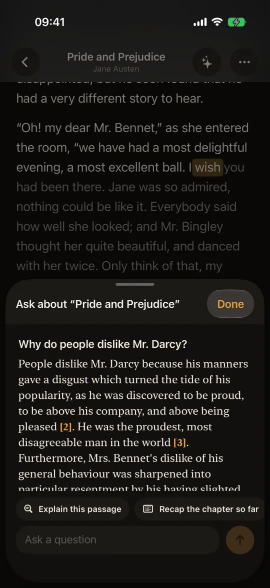 Ask about Pride and Prejudice: why people dislike Mr. Darcy, answered with numbered sources from the book